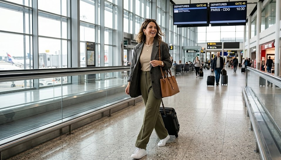 woman wearing a polished airport outfit with wide-leg trousers blazer and sneakers