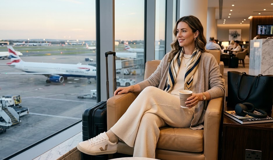 comfortable long flight outfit with soft knit set and practical travel layering