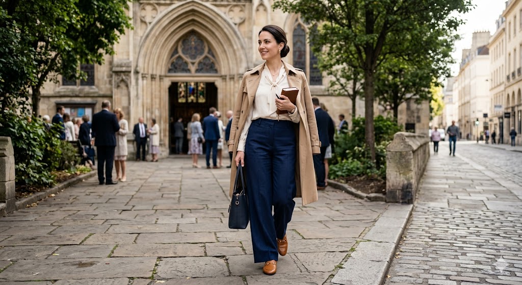 woman in stylish church trousers with feminine blouse and elegant Sunday styling