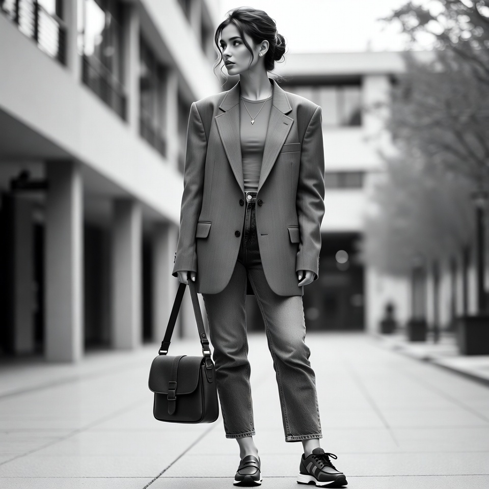 Woman wearing a vintage-style oversized blazer with jeans and a messenger satchel