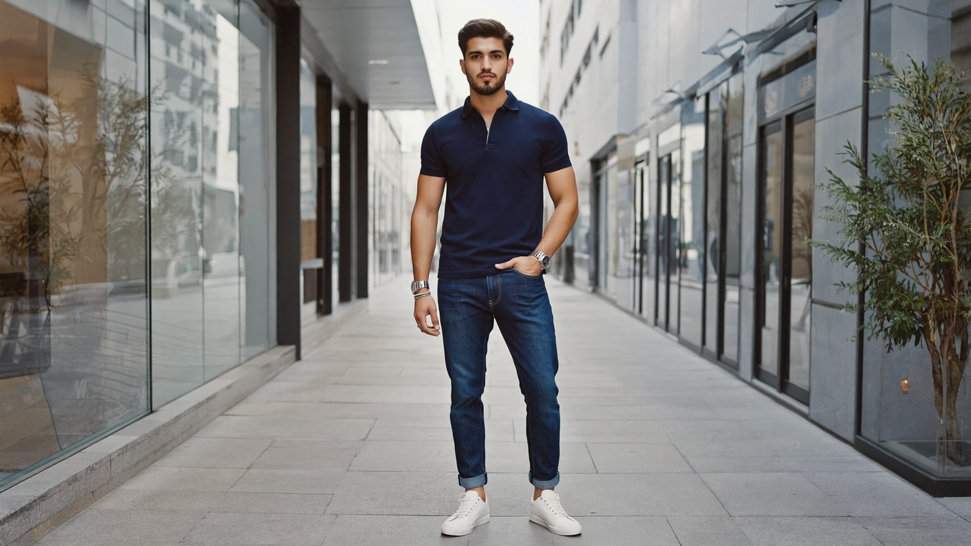 casual men's outfit styled with a simple watch jeans and smart everyday fashion