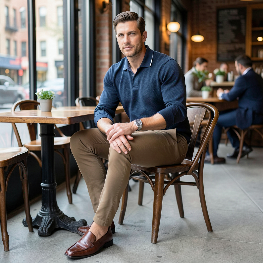 smart casual men's outfit with blazer loafers and a refined wristwatch
