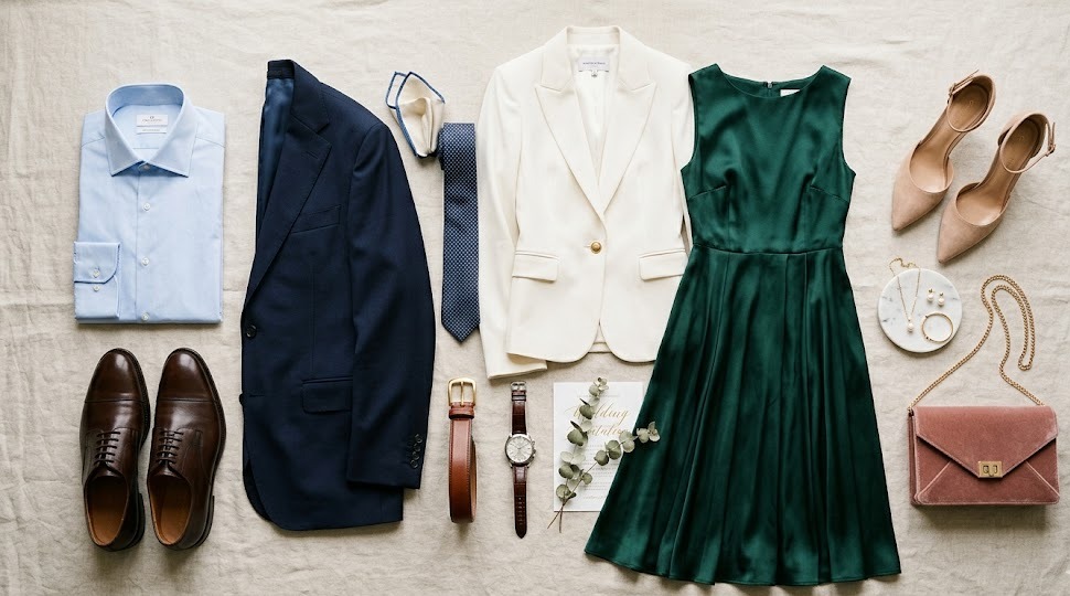 elegant wedding guest outfit pieces styled for a polished event look