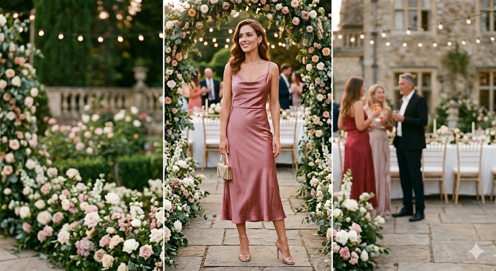 woman wearing a classy wedding guest outfit with a midi dress and heels