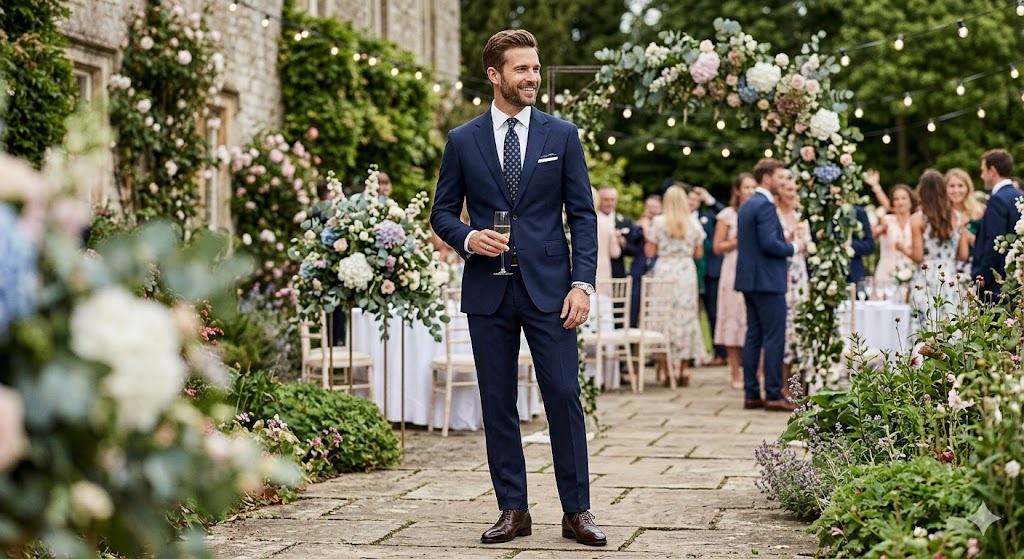 man in a polished wedding outfit with a navy suit and dress shoes