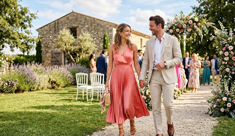 breathable summer wedding guest outfit with elegant warm-weather styling