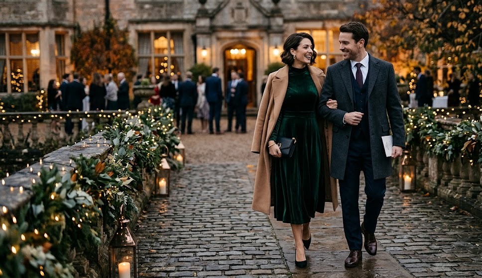 elegant fall and winter wedding outfit with rich colors and layered styling  image category: seasonal formal fashion