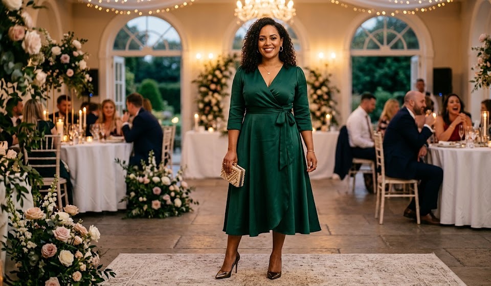 plus size woman in an elegant wedding guest outfit