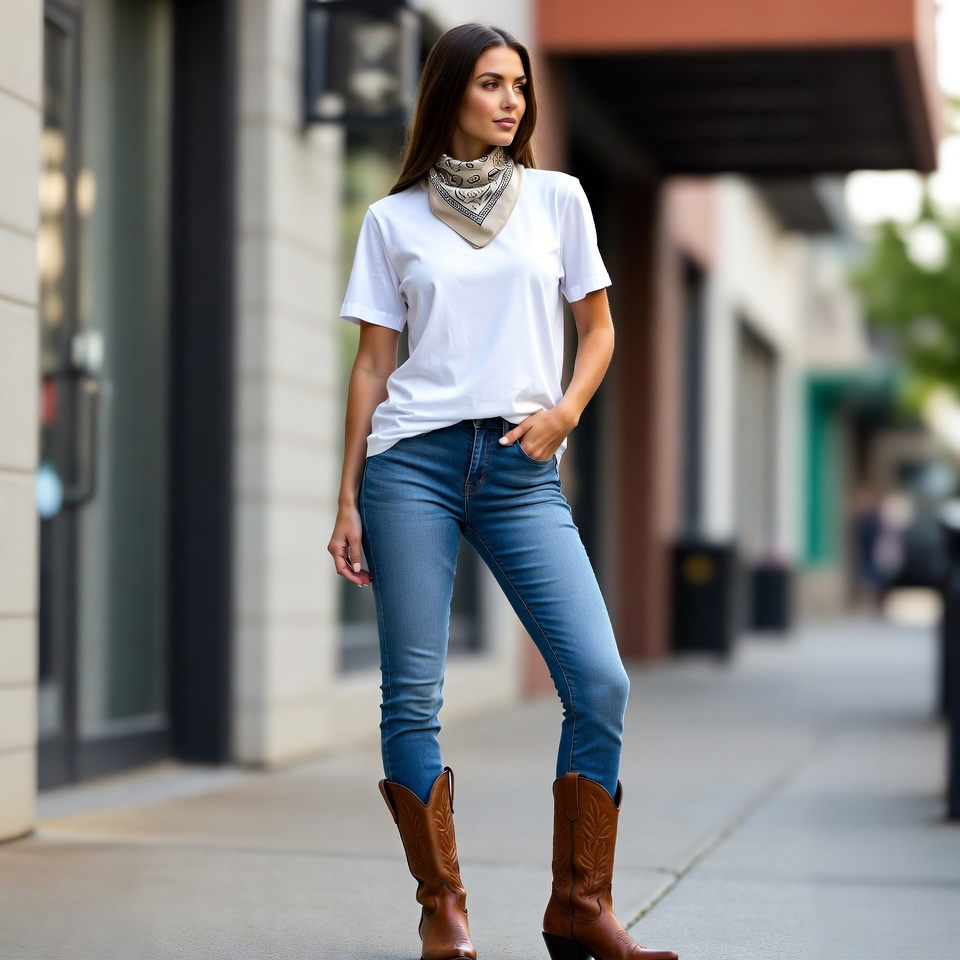Woman wearing a white tee, jeans, Western boots, and bandana in an American-inspired outfit