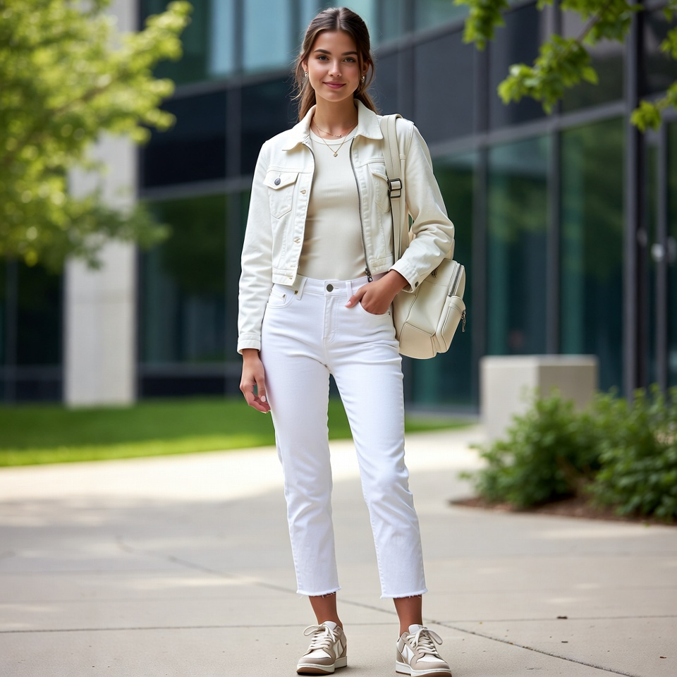 College student wearing white jeans with a light jacket and low-profile sneakers