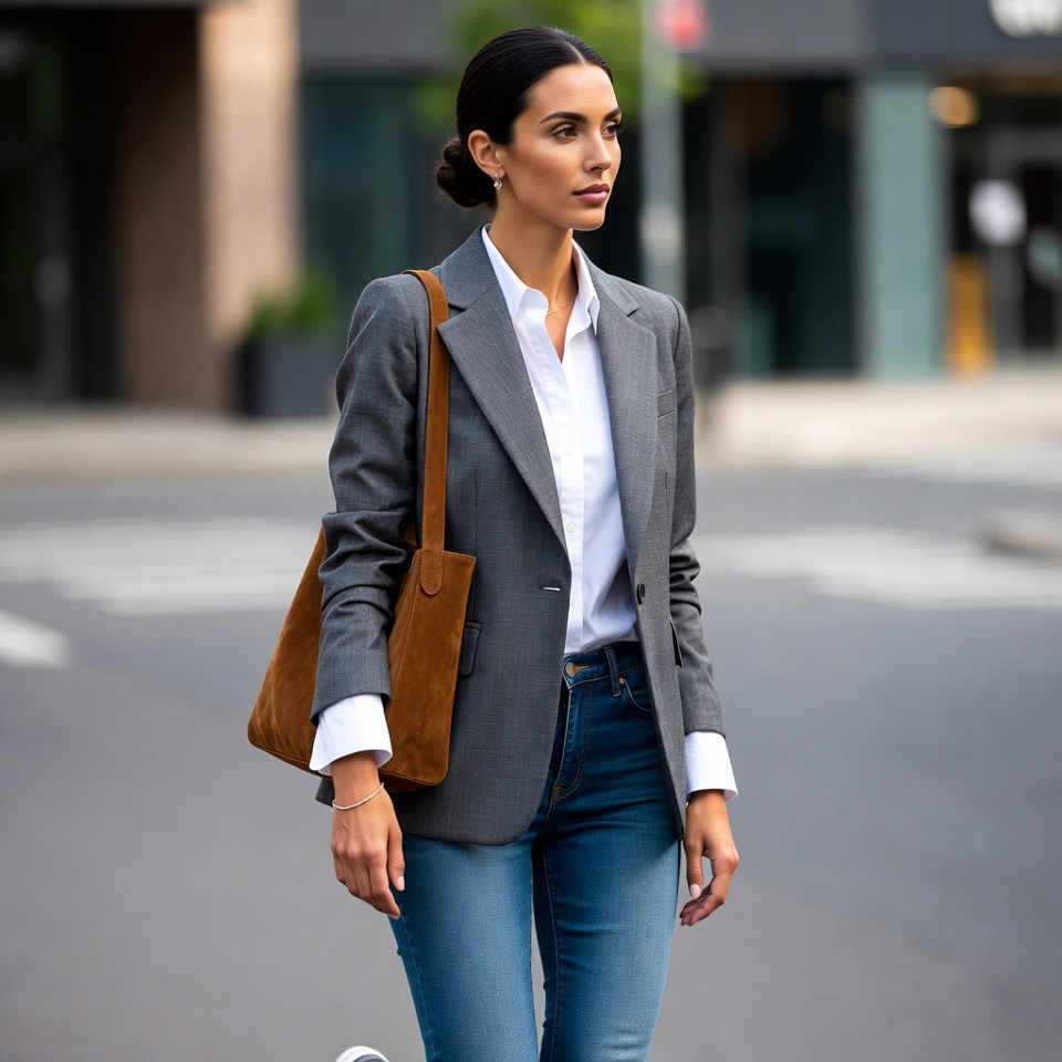 Woman wearing white jeans with a striped knit top and loafers in a classic American-inspired outfit