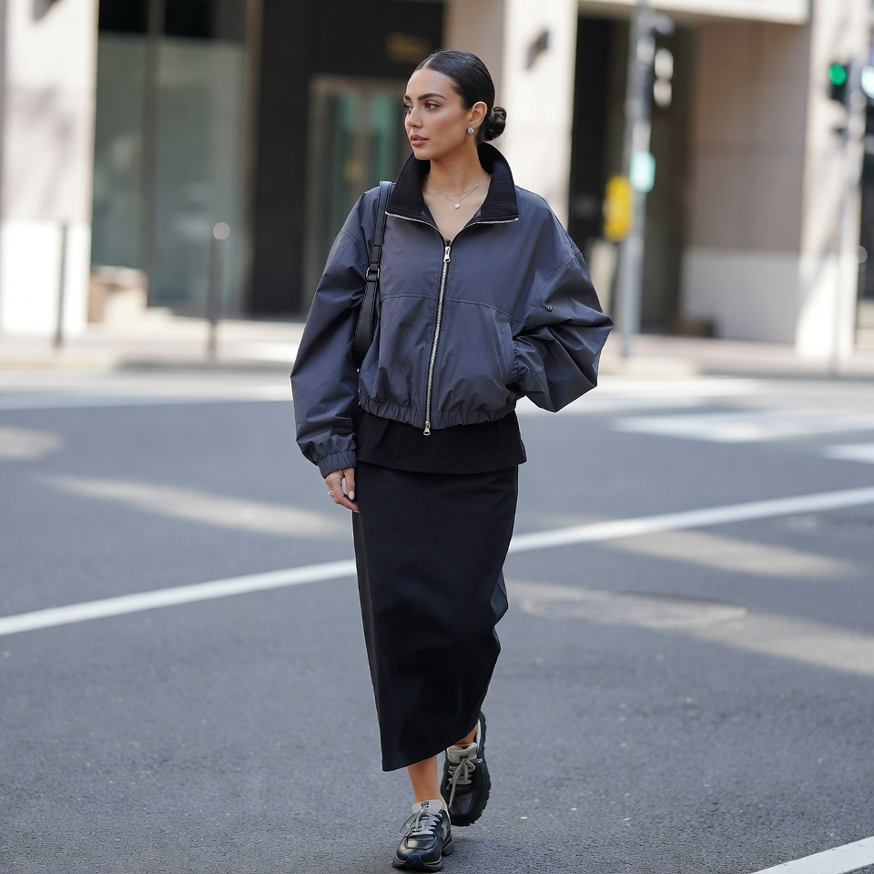 Woman wearing a sleek windbreaker with a pencil skirt and simple spring accessories