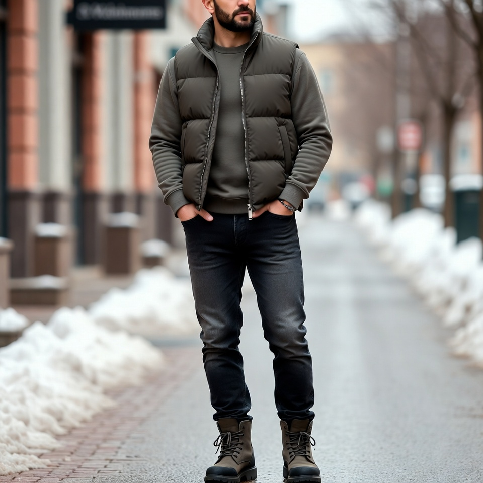 Man wearing a layered winter outfit with puffer vest, sweatshirt, jeans, and boots